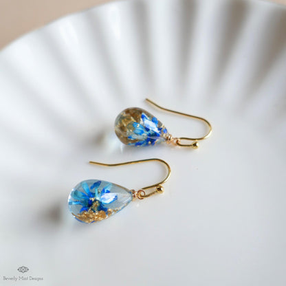 Blue Flower Resin Earrings Teardrop Dangle Blue Earrings Dry Flower Gold Hoop Botanical Jewelry Handmade, Sensitive Ear & Clip-On Options