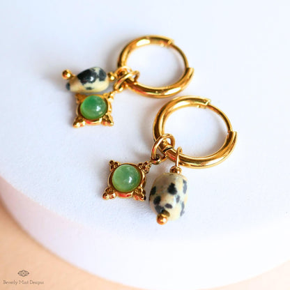 Dalmatian Jasper and Green Charm Hoops, Zebra Rock Jewelry, Gold Huggie Earrings, Dainty Drop Jewelry