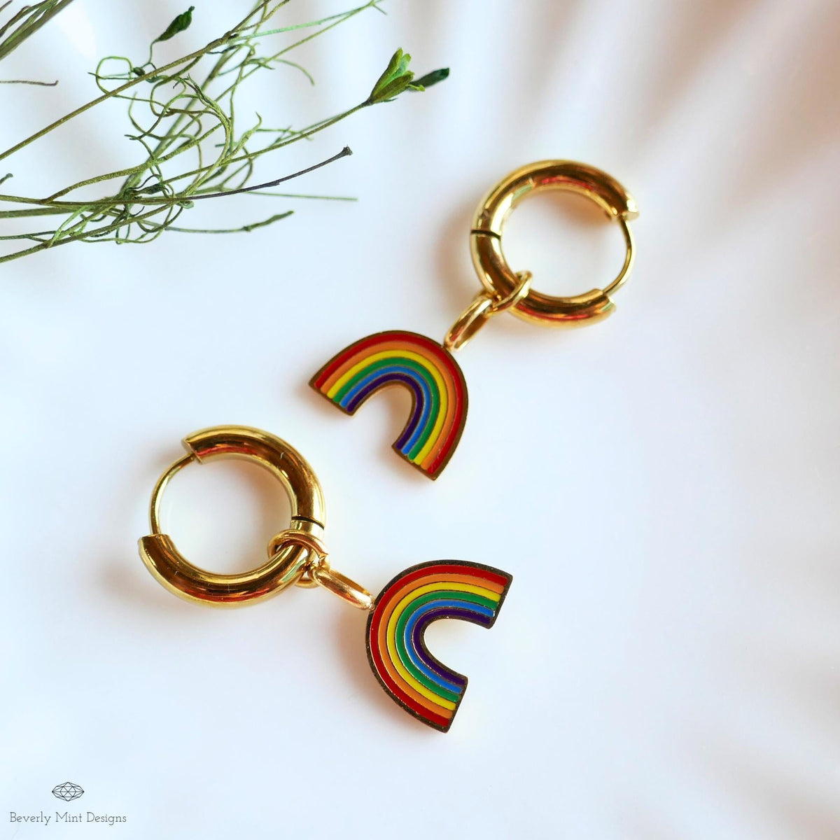 Rainbow Huggie Hoop Earrings, Gold Hoop Earrings with Enamel Rainbow Charms, Pride Jewelry, LGBTQ Earrings, Colorful Dangle Hoops , Gift f