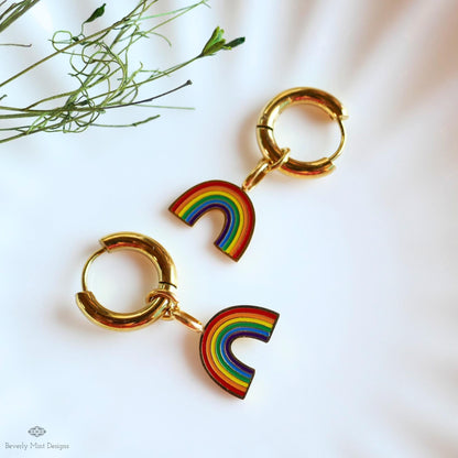 Rainbow Huggie Hoop Earrings, Gold Hoop Earrings with Enamel Rainbow Charms, Pride Jewelry, LGBTQ Earrings, Colorful Dangle Hoops , Gift f