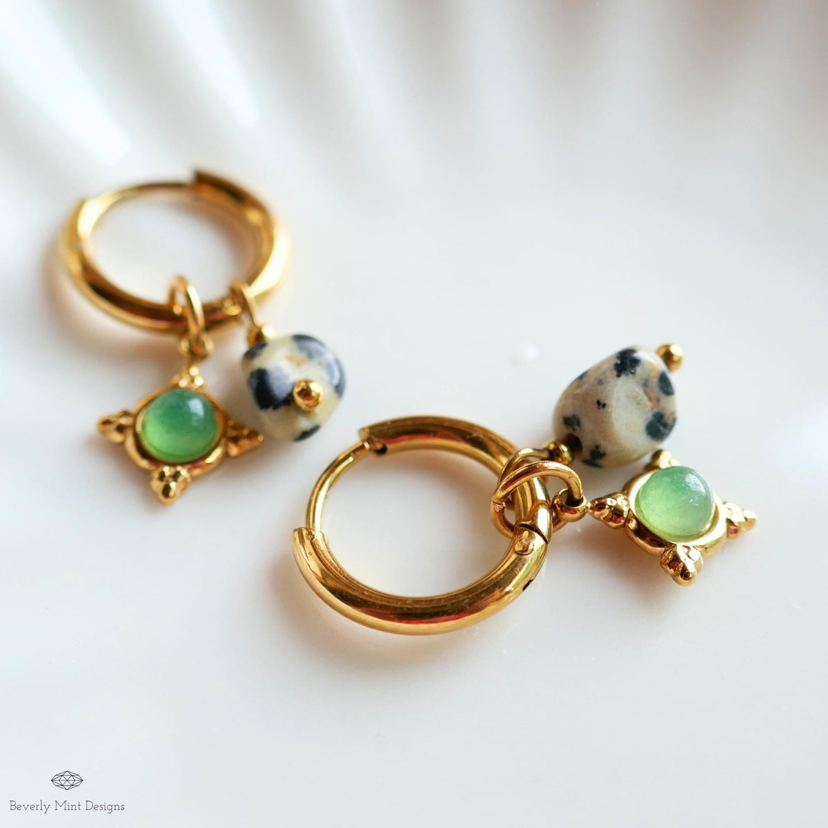 Dalmatian Jasper and Green Charm Hoops, Zebra Rock Jewelry, Gold Huggie Earrings, Dainty Drop Jewelry