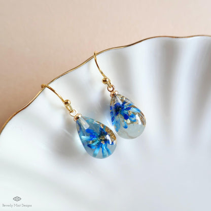 Blue Flower Resin Earrings Teardrop Dangle Blue Earrings Dry Flower Gold Hoop Botanical Jewelry Handmade, Sensitive Ear & Clip-On Options