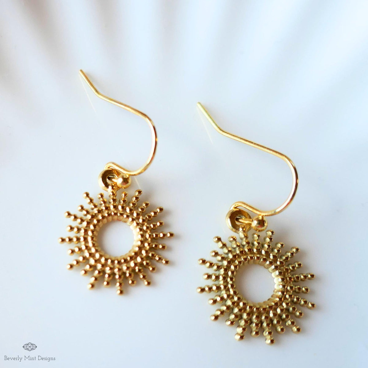 Gold Sunburst Earrings, Dainty Drop Earrings, Celestial Jewelry for Women, Minimal Boho Earrings, Sensitive Ear & Clip-On Options