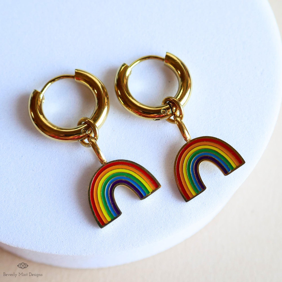 Rainbow Huggie Hoop Earrings, Gold Hoop Earrings with Enamel Rainbow Charms, Pride Jewelry, LGBTQ Earrings, Colorful Dangle Hoops , Gift f