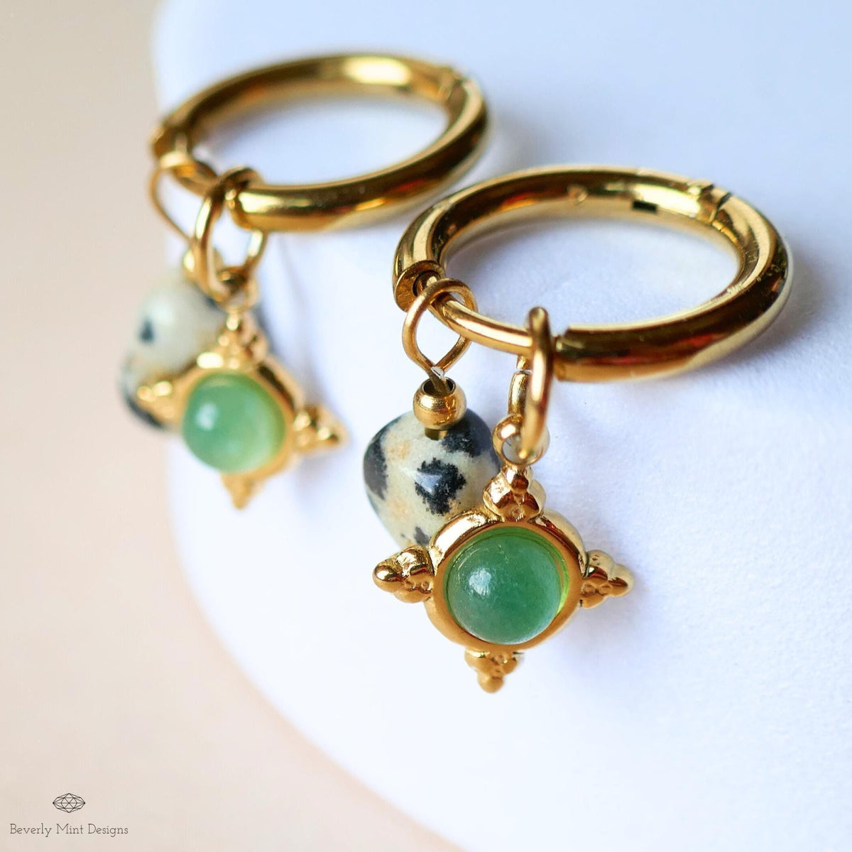 Dalmatian Jasper and Green Charm Hoops, Zebra Rock Jewelry, Gold Huggie Earrings, Dainty Drop Jewelry