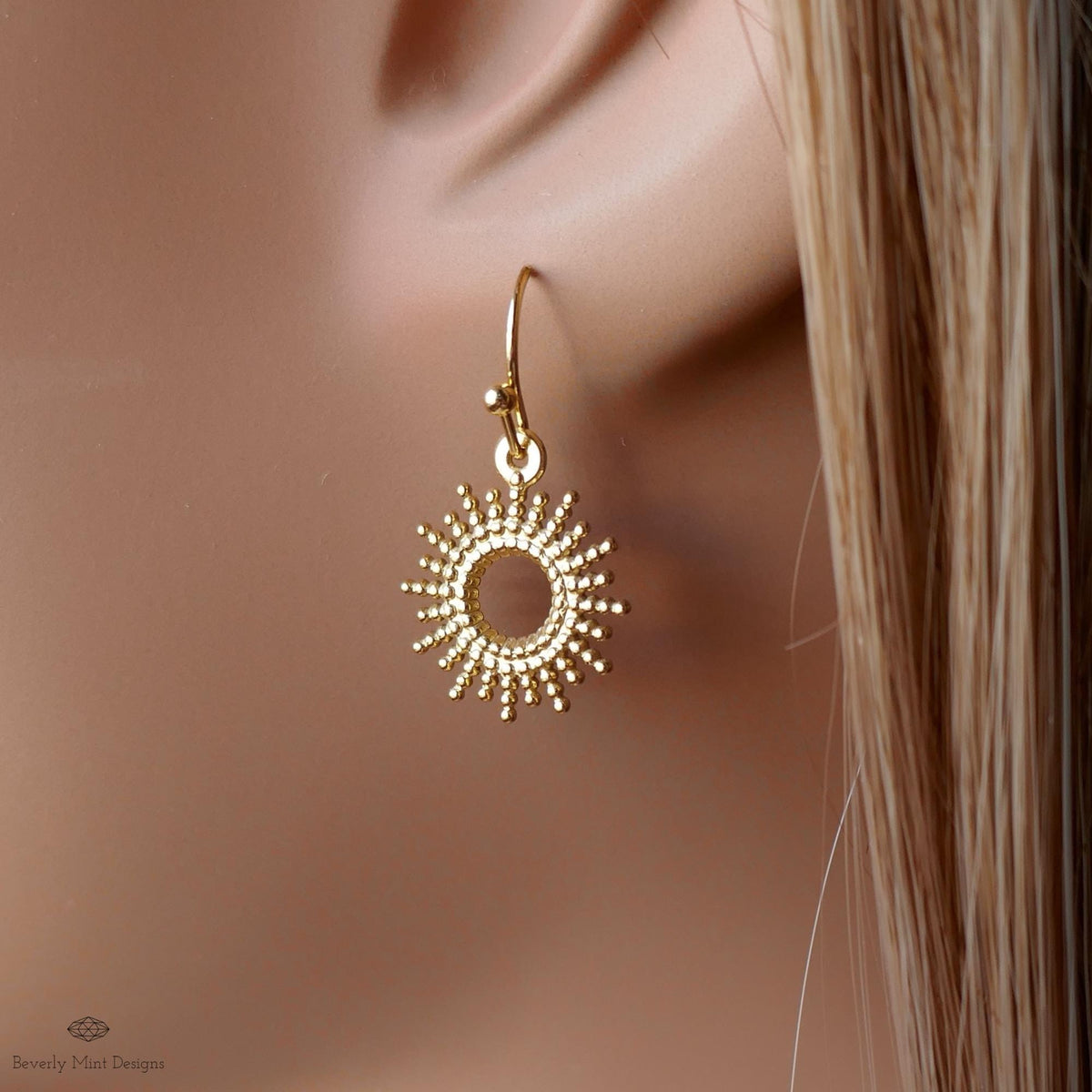 Gold Sunburst Earrings, Dainty Drop Earrings, Celestial Jewelry for Women, Minimal Boho Earrings, Sensitive Ear & Clip-On Options