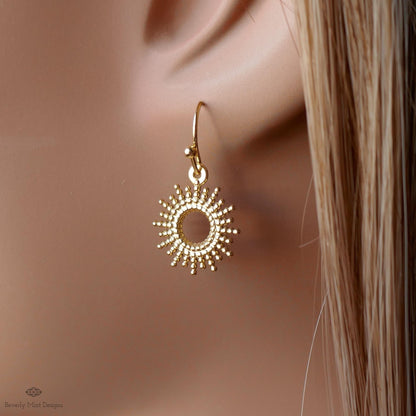 Gold Sunburst Earrings, Dainty Drop Earrings, Celestial Jewelry for Women, Minimal Boho Earrings, Sensitive Ear & Clip-On Options