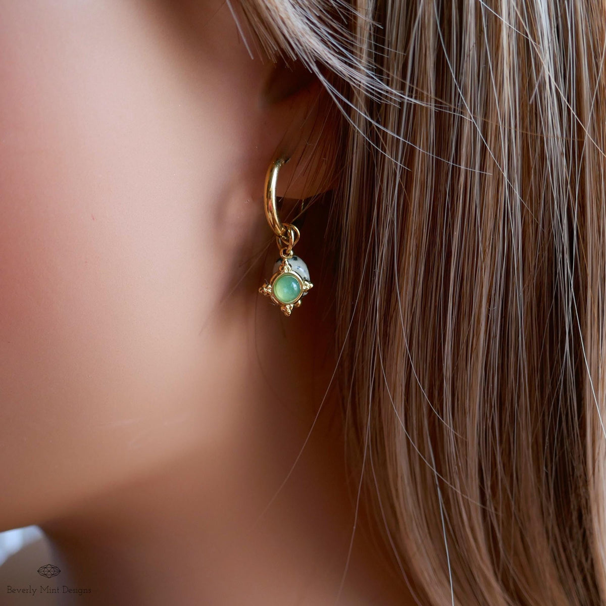 Dalmatian Jasper and Green Charm Hoops, Zebra Rock Jewelry, Gold Huggie Earrings, Dainty Drop Jewelry