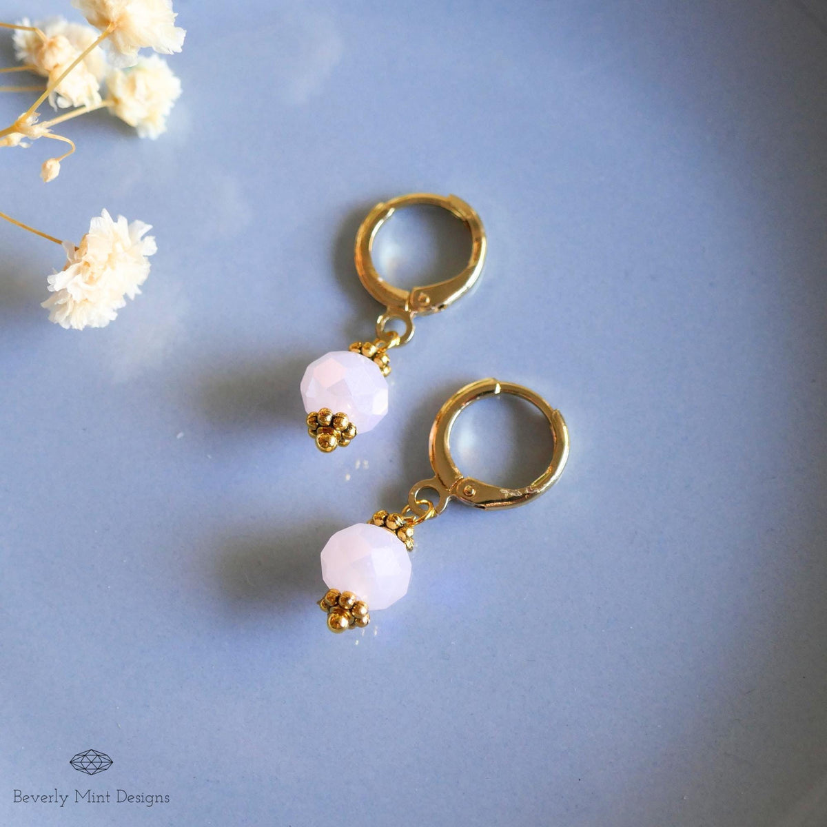 Gold Hoop Earrings with Soft Pink Beads ,Handmade Dangle Earrings, Light Pink Elegant Jewelry for Women, Sensitive Ear & Clip-On Options