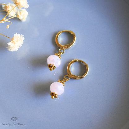 Gold Hoop Earrings with Soft Pink Beads ,Handmade Dangle Earrings, Light Pink Elegant Jewelry for Women, Sensitive Ear & Clip-On Options