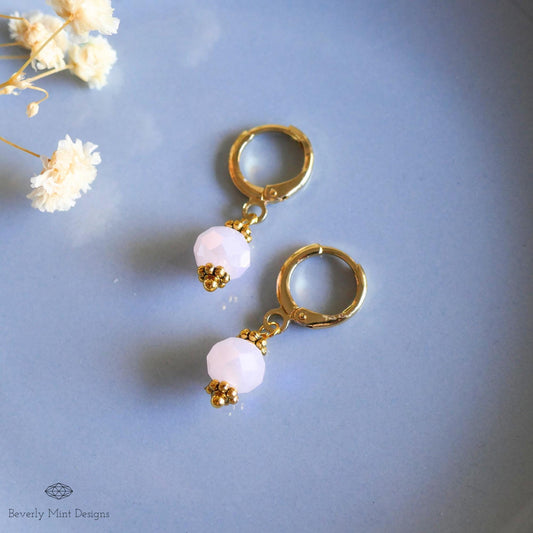 Gold Hoop Earrings with Soft Pink Beads ,Handmade Dangle Earrings, Light Pink Elegant Jewelry for Women, Sensitive Ear & Clip-On Options