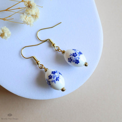 [Etsy 4342062699 image 1/7 id 7796681651] Blue and White Ceramic Drop Earrings, Floral Bead Earrings, Gold Dangle Earrings, Chinoiserie Style Jewelry