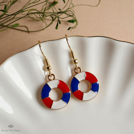 Nautical Patriotic Earrings , Red White Blue Lifesaver Dangle Jewelry, USA 4th of July Summer Earrings, Sensitive Ear & Clip-On Options