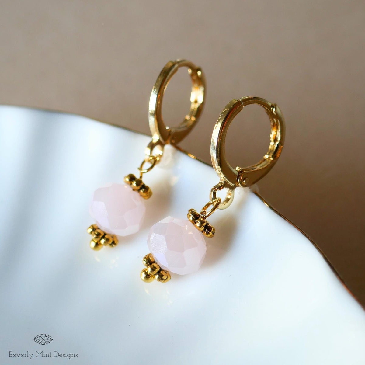 Gold Hoop Earrings with Soft Pink Beads ,Handmade Dangle Earrings, Light Pink Elegant Jewelry for Women, Sensitive Ear & Clip-On Options
