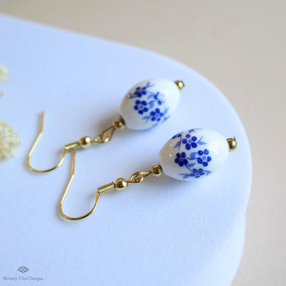 [Etsy 4342062699 image 2/7 id 7796681727] Blue and White Ceramic Drop Earrings, Floral Bead Earrings, Gold Dangle Earrings, Chinoiserie Style Jewelry
