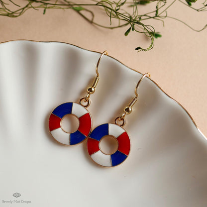 Nautical Patriotic Earrings , Red White Blue Lifesaver Dangle Jewelry, USA 4th of July Summer Earrings, Sensitive Ear & Clip-On Options
