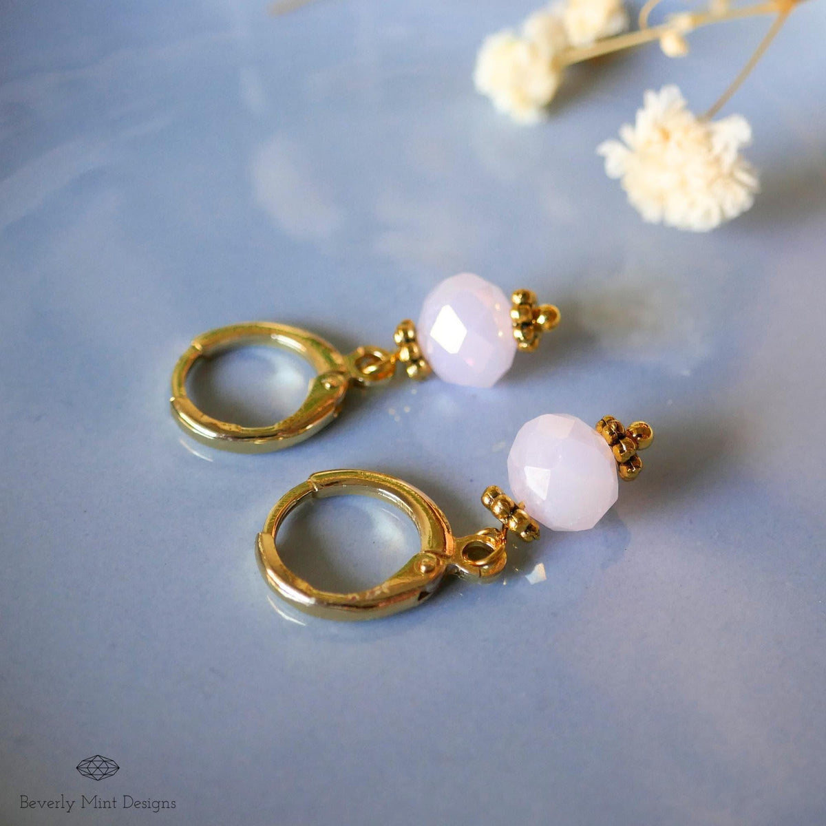 Gold Hoop Earrings with Soft Pink Beads ,Handmade Dangle Earrings, Light Pink Elegant Jewelry for Women, Sensitive Ear & Clip-On Options