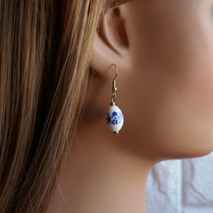 [Etsy 4342062699 image 3/7 id 7796681777] Blue and White Ceramic Drop Earrings, Floral Bead Earrings, Gold Dangle Earrings, Chinoiserie Style Jewelry