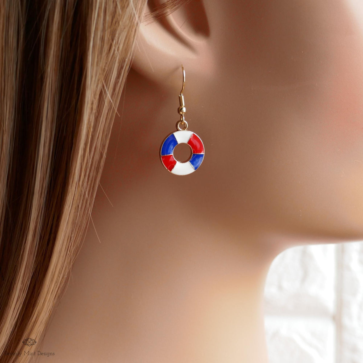 Nautical Patriotic Earrings , Red White Blue Lifesaver Dangle Jewelry, USA 4th of July Summer Earrings, Sensitive Ear & Clip-On Options