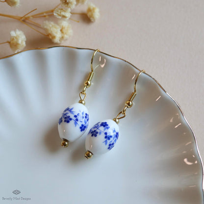 [Etsy 4342062699 image 4/7 id 7796681833] Blue and White Ceramic Drop Earrings, Floral Bead Earrings, Gold Dangle Earrings, Chinoiserie Style Jewelry