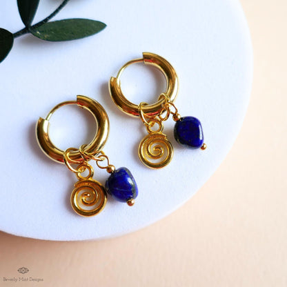 Lapis Lazuli Earrings, Gold Spiral Hoop Earrings, Dainty Gemstone Hoops, Symbolic Jewelry for Her, Celestial Boho Earrings, Unique Gift Idea