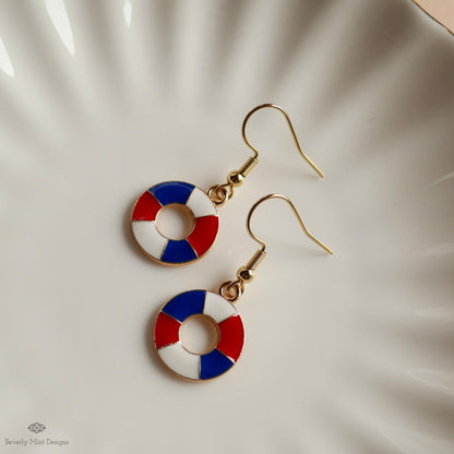 Nautical Patriotic Earrings , Red White Blue Lifesaver Dangle Jewelry, USA 4th of July Summer Earrings, Sensitive Ear & Clip-On Options