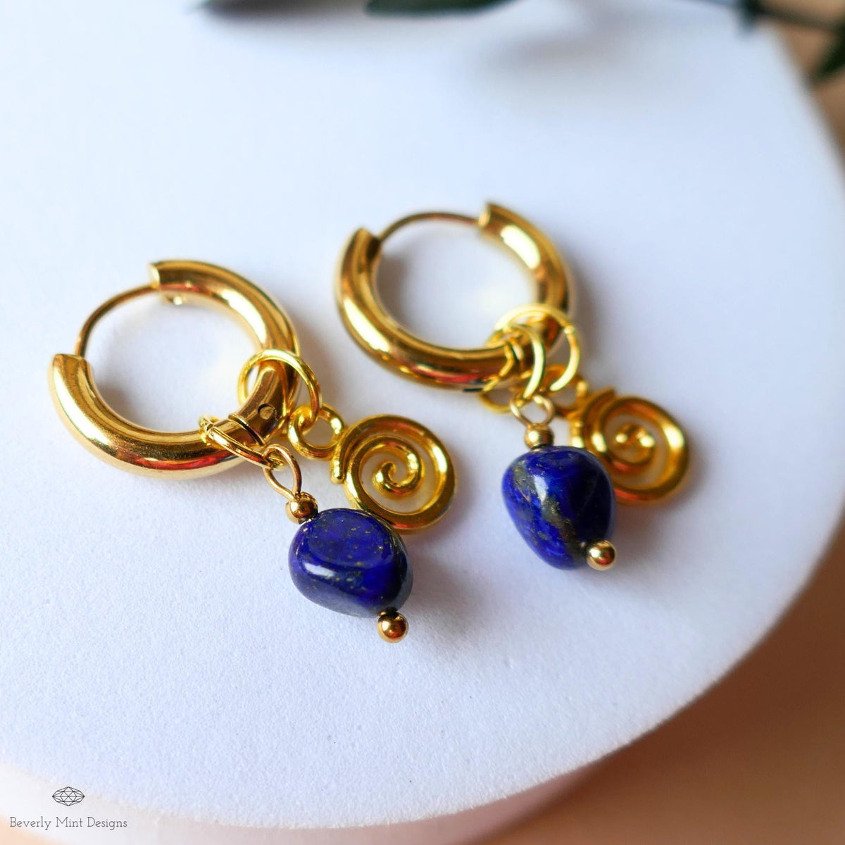 Lapis Lazuli Earrings, Gold Spiral Hoop Earrings, Dainty Gemstone Hoops, Symbolic Jewelry for Her, Celestial Boho Earrings, Unique Gift Idea