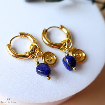 Lapis Lazuli Earrings, Gold Spiral Hoop Earrings, Dainty Gemstone Hoops, Symbolic Jewelry for Her, Celestial Boho Earrings, Unique Gift Idea