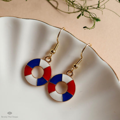 Nautical Patriotic Earrings , Red White Blue Lifesaver Dangle Jewelry, USA 4th of July Summer Earrings, Sensitive Ear & Clip-On Options