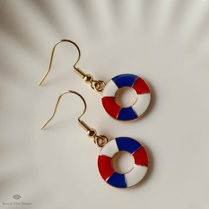 Nautical Patriotic Earrings , Red White Blue Lifesaver Dangle Jewelry, USA 4th of July Summer Earrings, Sensitive Ear & Clip-On Options
