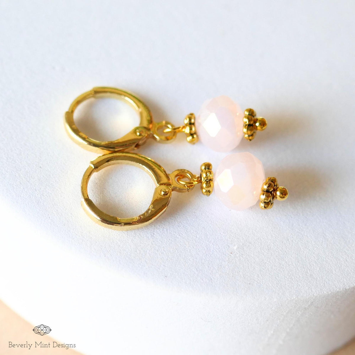 Gold Hoop Earrings with Soft Pink Beads ,Handmade Dangle Earrings, Light Pink Elegant Jewelry for Women, Sensitive Ear & Clip-On Options