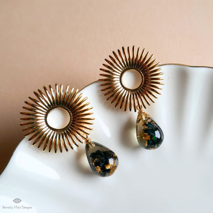 Gold Sunburst Resin Drop Earrings with Flowers and Gold Flakes, Statement Earrings, Boho Jewelry,