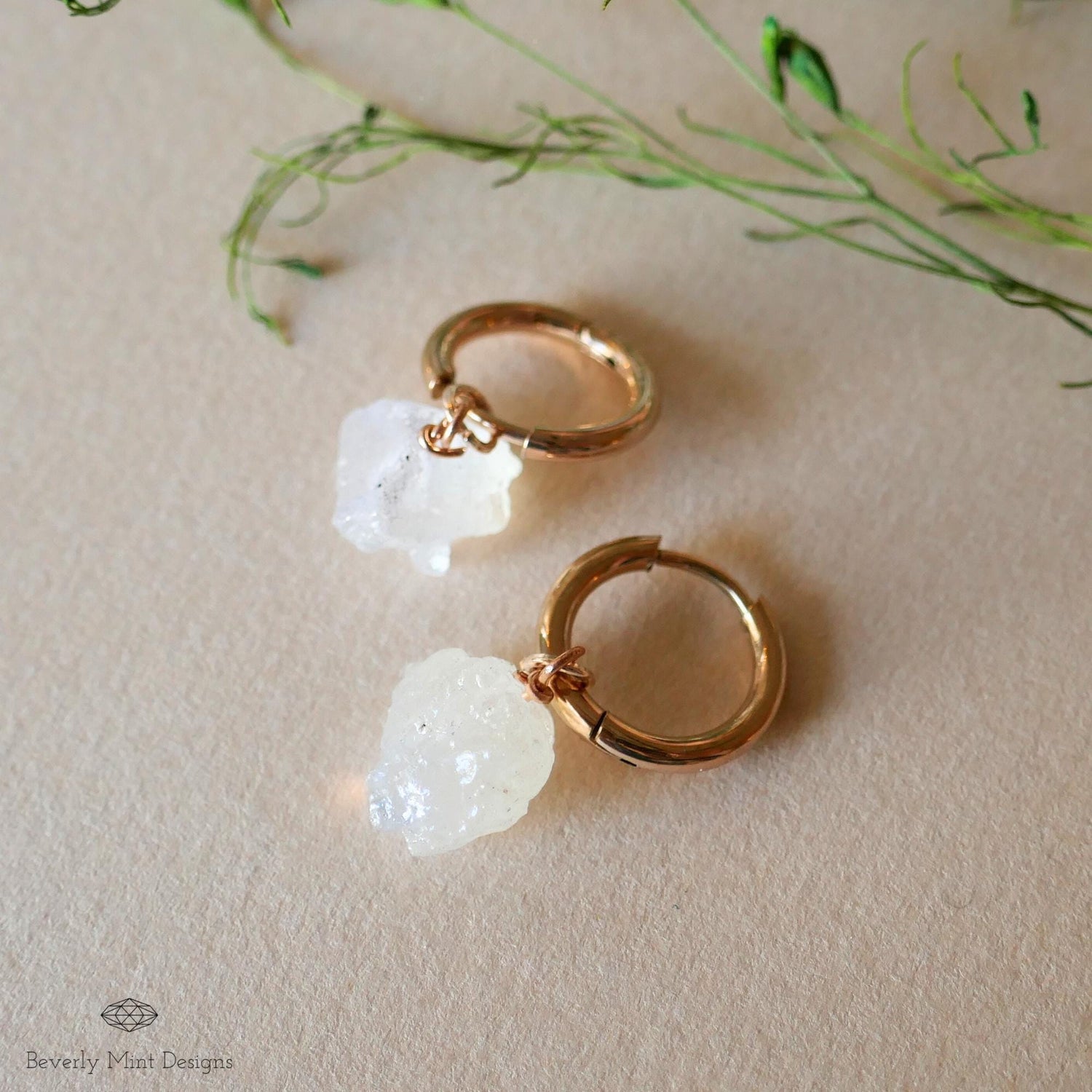 Moonstone Earrings, Rose Gold Huggie Hoop Earrings with June Birthstone, Natural Stone Earrings , Raw Stone