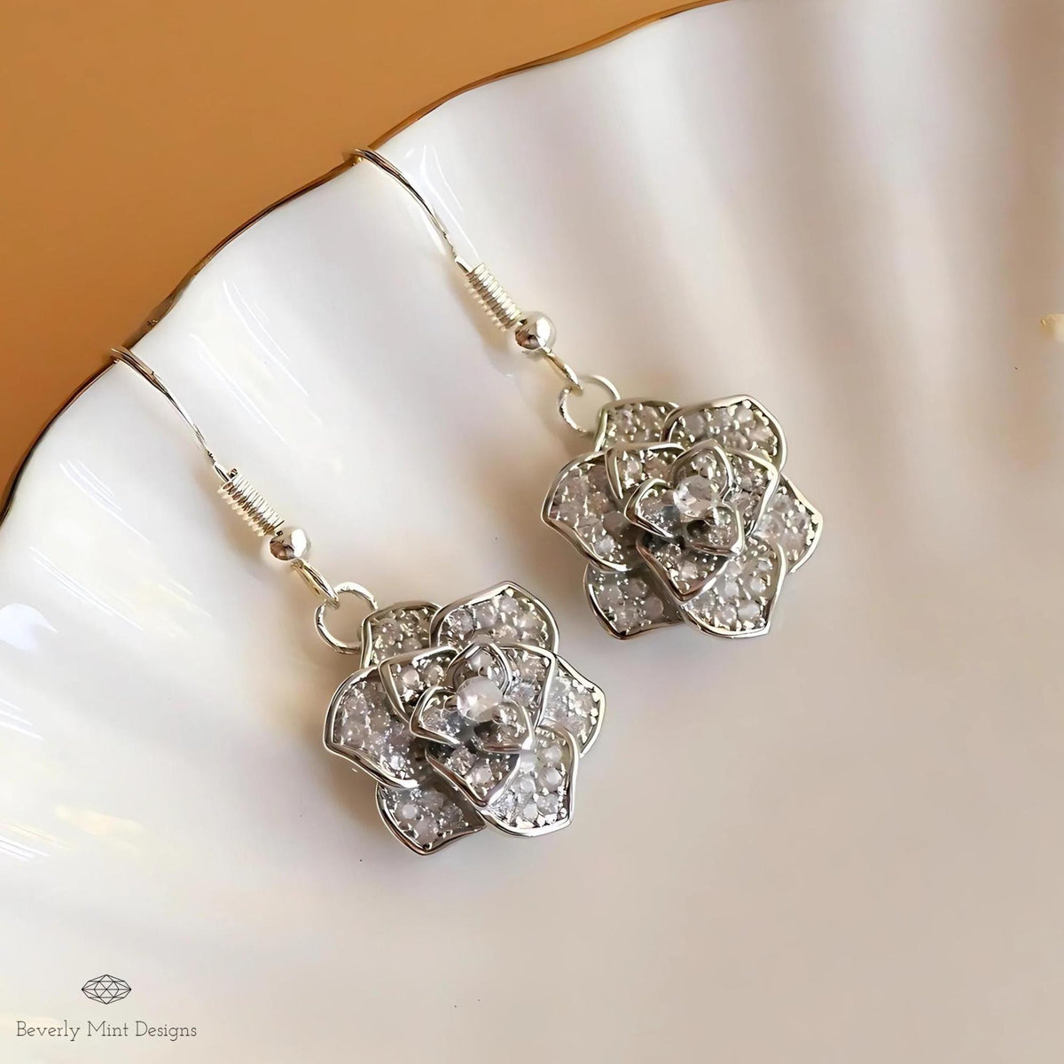 Rose Earring Silver Dangle Earring, Sparkling Crystal Flower Drop Earrings, Sensitive Ear & Clip-On Options
