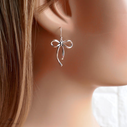 Silver Bow Drop Earrings, Dainty Ribbon Charm, Surgical Steel Hooks, Feminine Minimalist Jewelry, Sensitive Ear & Clip-On Options