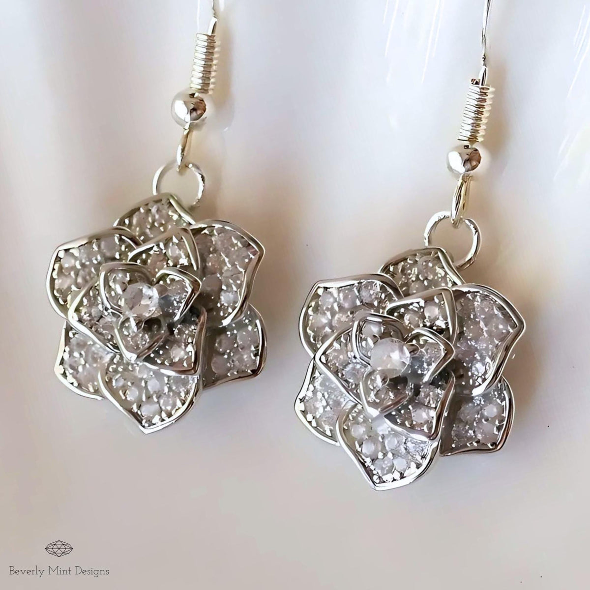 Rose Earring Silver Dangle Earring, Sparkling Crystal Flower Drop Earrings, Sensitive Ear & Clip-On Options