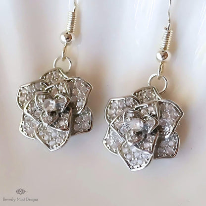 Rose Earring Silver Dangle Earring, Sparkling Crystal Flower Drop Earrings, Sensitive Ear & Clip-On Options