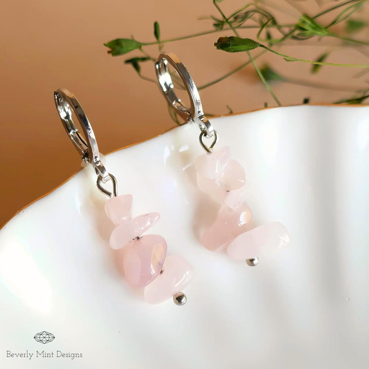 Pink Quartz Dangle Earrings, Soft Pink Earrings Boho Jewelry, Chakras Stones, Sensitive Ear & Clip-On Options