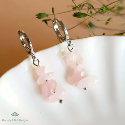 Pink Quartz Dangle Earrings, Soft Pink Earrings Boho Jewelry, Chakras Stones, Sensitive Ear & Clip-On Options