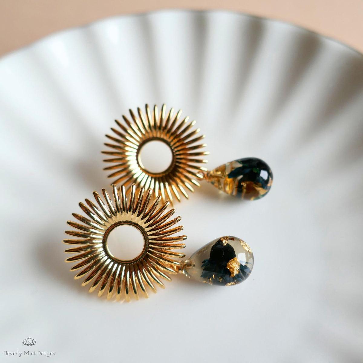 Gold Sunburst Resin Drop Earrings with Flowers and Gold Flakes, Statement Earrings, Boho Jewelry,