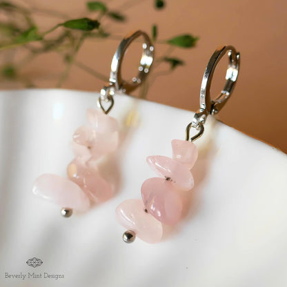 Pink Quartz Dangle Earrings, Soft Pink Earrings Boho Jewelry, Chakras Stones, Sensitive Ear & Clip-On Options