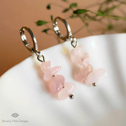 Pink Quartz Dangle Earrings, Soft Pink Earrings Boho Jewelry, Chakras Stones, Sensitive Ear & Clip-On Options