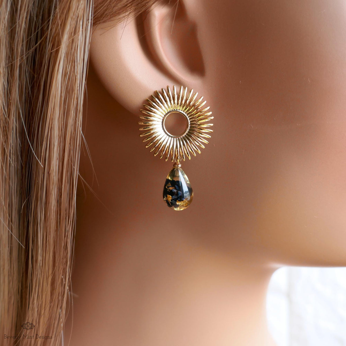 Gold Sunburst Resin Drop Earrings with Flowers and Gold Flakes, Statement Earrings, Boho Jewelry,
