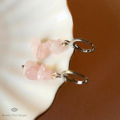 Pink Quartz Dangle Earrings, Soft Pink Earrings Boho Jewelry, Chakras Stones, Sensitive Ear & Clip-On Options