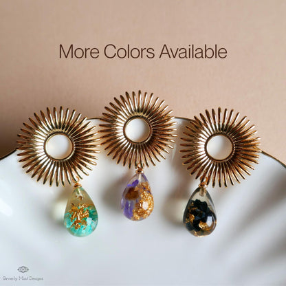 Gold Sunburst Resin Drop Earrings with Flowers and Gold Flakes, Statement Earrings, Boho Jewelry,
