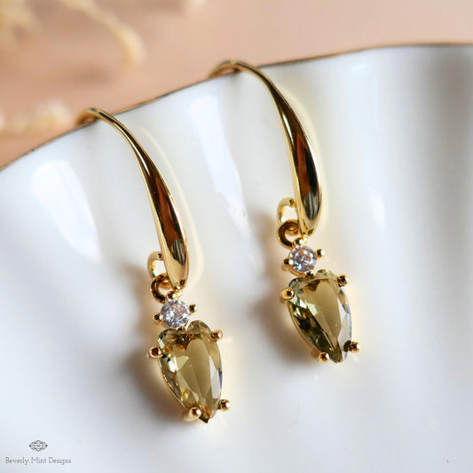 Brown Stone Earrings, Elegant Heart Drop Earrings, Gold Dangle Earrings, Dainty Gold Jewelry, Sensitive Ear & Clip-On Options