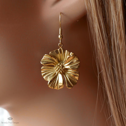 Gold Flower Statement Earrings, Elegant Weighty Floral Earrings, Bold Dangle Earrings with Heft, Sensitive Ear & Clip-On Options