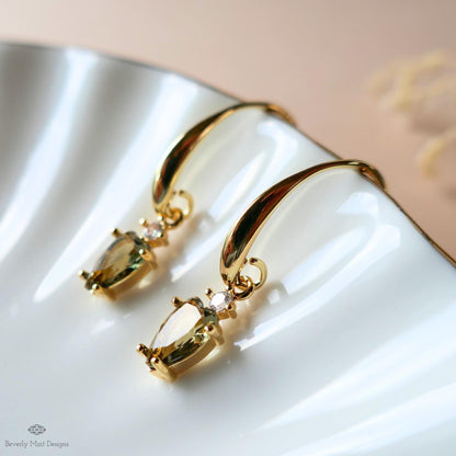 Brown Stone Earrings, Elegant Heart Drop Earrings, Gold Dangle Earrings, Dainty Gold Jewelry, Sensitive Ear & Clip-On Options