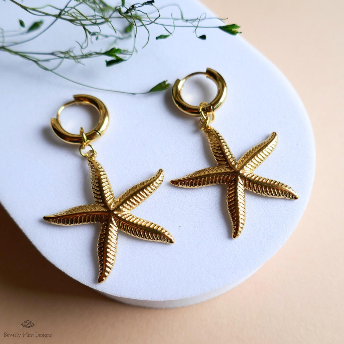 Gold Starfish Earrings with Huggie Hoop, Beach Inspired Dangle Earrings Light Weight, Tropical Ocean Jewelry
