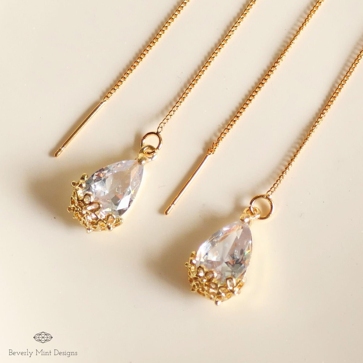 18K Gold Plated Teardrop Crystal Threader Earrings, Minimalist Floral Wedding Jewelry, Sensitive Ear & Clip-On Options